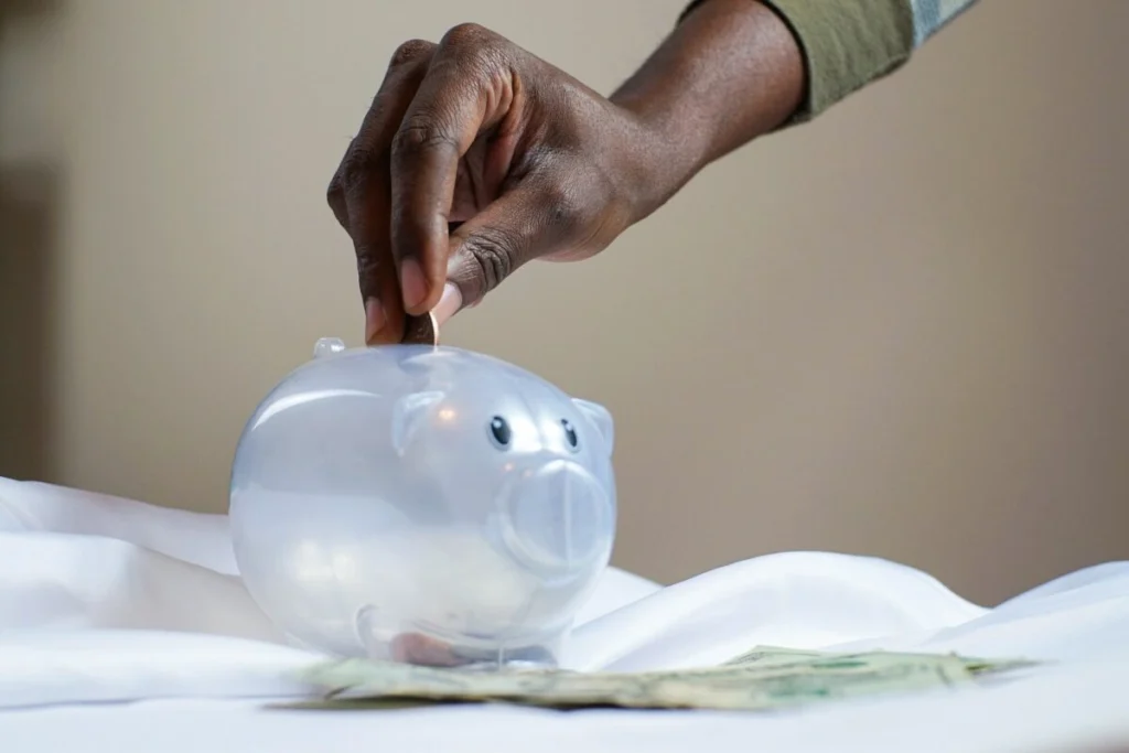Hand placing a coin into a piggy bank beside cash, symbolizing savings and financial planning for homeownership.