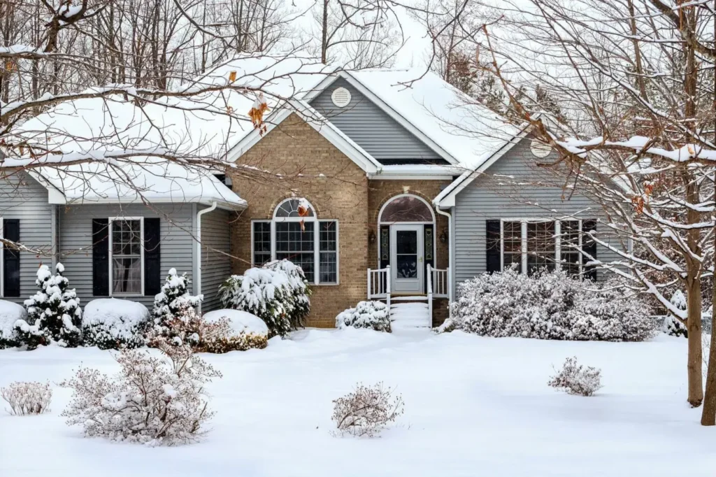 Single-family home surrounded by snow-covered trees and landscaping during the winter season.